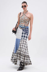 OUT OF ALIGNMENT PLAID MIDI SKIRT