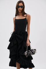 ADDED DRAMA RUFFLED MIDI DRESS IN BLACK