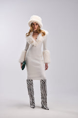 CELINE SWEATER MIDI DRESS WITH FUR TRIM