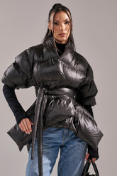 A STEP AHEAD LONG RIBBED SLEEVE PEPLUM PUFFER COAT