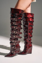 AZALEA WANG CINZIA RED WEDGE BOOT WITH BUCKLE DETAIL