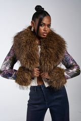 GISELE FUR TRIM MOTO IN BROCADE