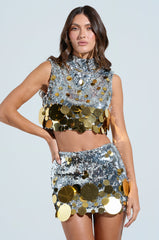 GROOVY NIGHTS SLEEVELESS SEQUIN MOCK NECK TOP