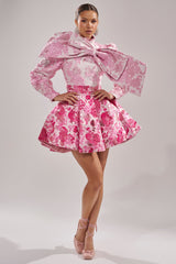 RENAISSANCE TWO-TONE BROCADE MINI DRESS IN PINK