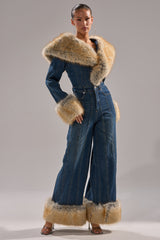 LENNOX DENIM JUMPSUIT WITH FUR ACCENTS