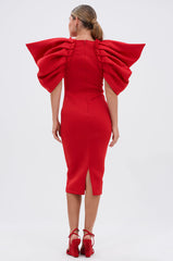 PURE JOY MIDI DRESS WITH DRAMATIC SLEEVE IN RED