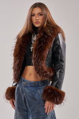 LUNNA FUR TRIM MOTO IN BLACK CROC
