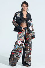 QUEEN OF HEARTS PRINTED AND EMBELLISHED DENIM PANTS