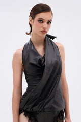KRISTIN FAUX LEATHER HALTER BLOUSE IN BLACK