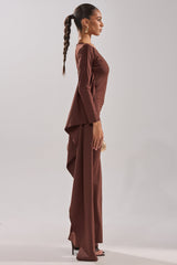 KYLIE MAXI DRESS WITH RUFFLE SLEEVES IN BROWN