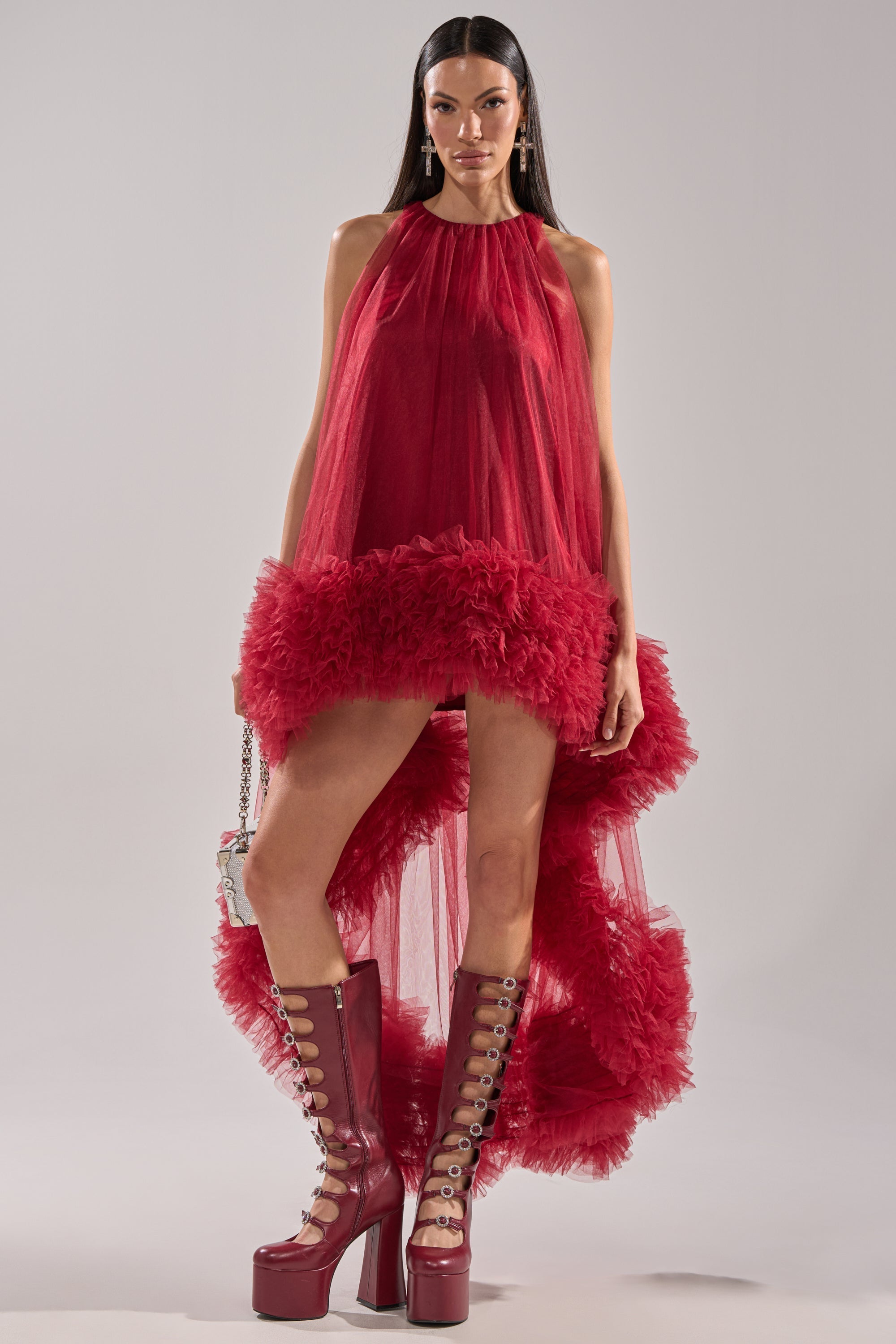 ARI TULLE HIGH LOW DRESS IN BURGUNDY