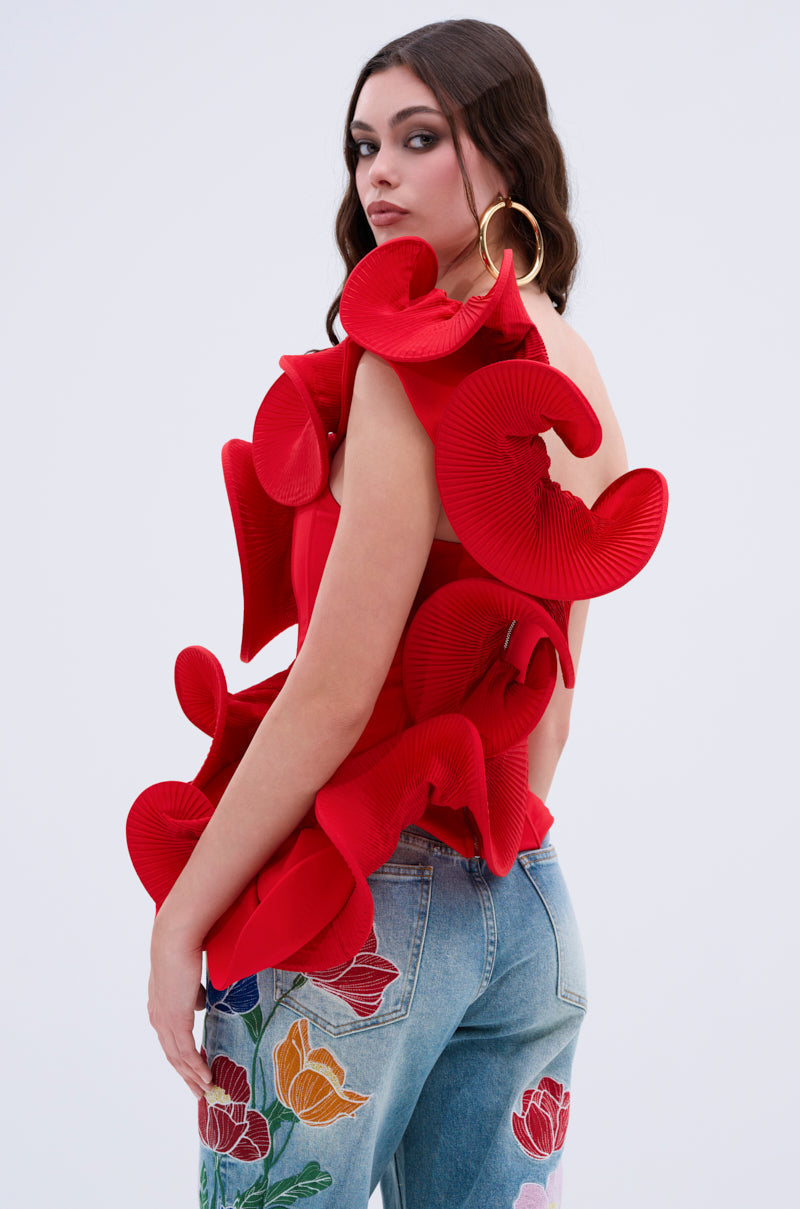ABSTRACT RUFFLE OFF THE SHOULDER BLOUSE