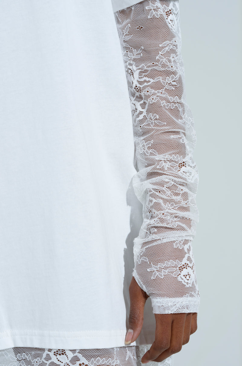 GIRLY BUT NOT LAYERED LACE MIDI DRESS IN WHITE