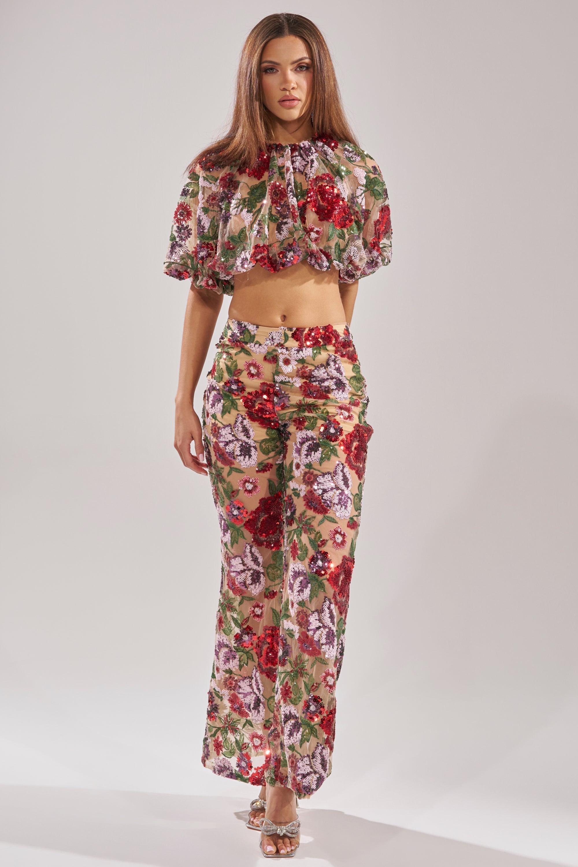 ENCHANTED GARDEN FLORAL EMBROIDERED TULLE TOP