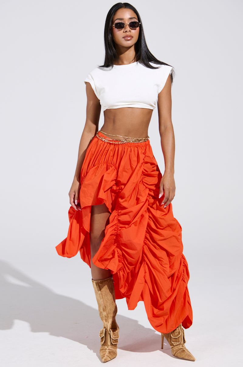 LETS CHANGE IT UP RUCHED MIDI SKIRT IN ORANGE