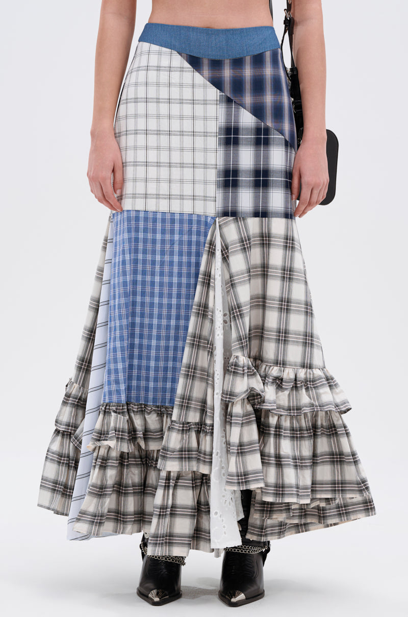 OUT OF ALIGNMENT PLAID MIDI SKIRT