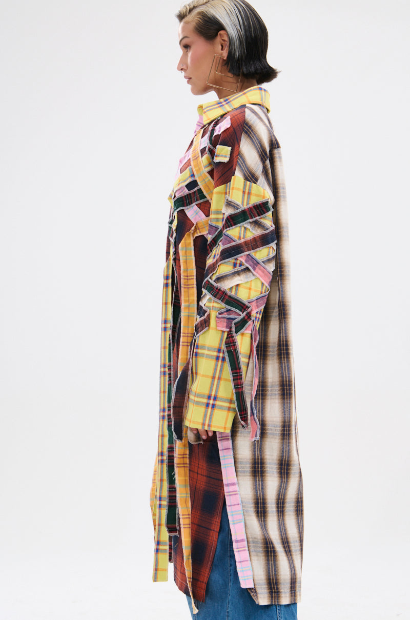DONT EVEN MIXED PLAID LONG BUTTON DOWN