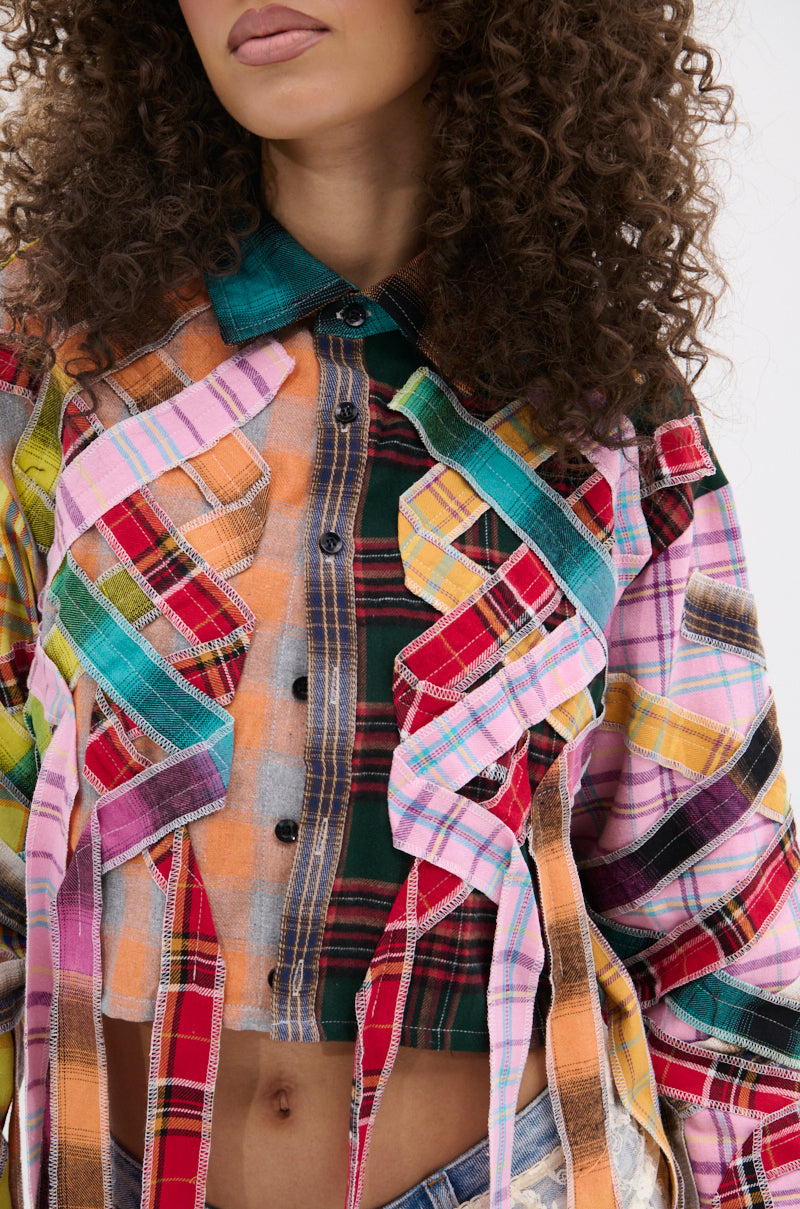 FEELING CRAZY MIXED PLAID BUTTON DOWN