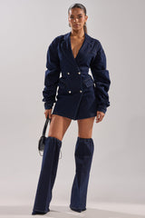 BUSINESS MEETING CHIC BLAZER DRESS AND LEG WARMER SET IN DENIM