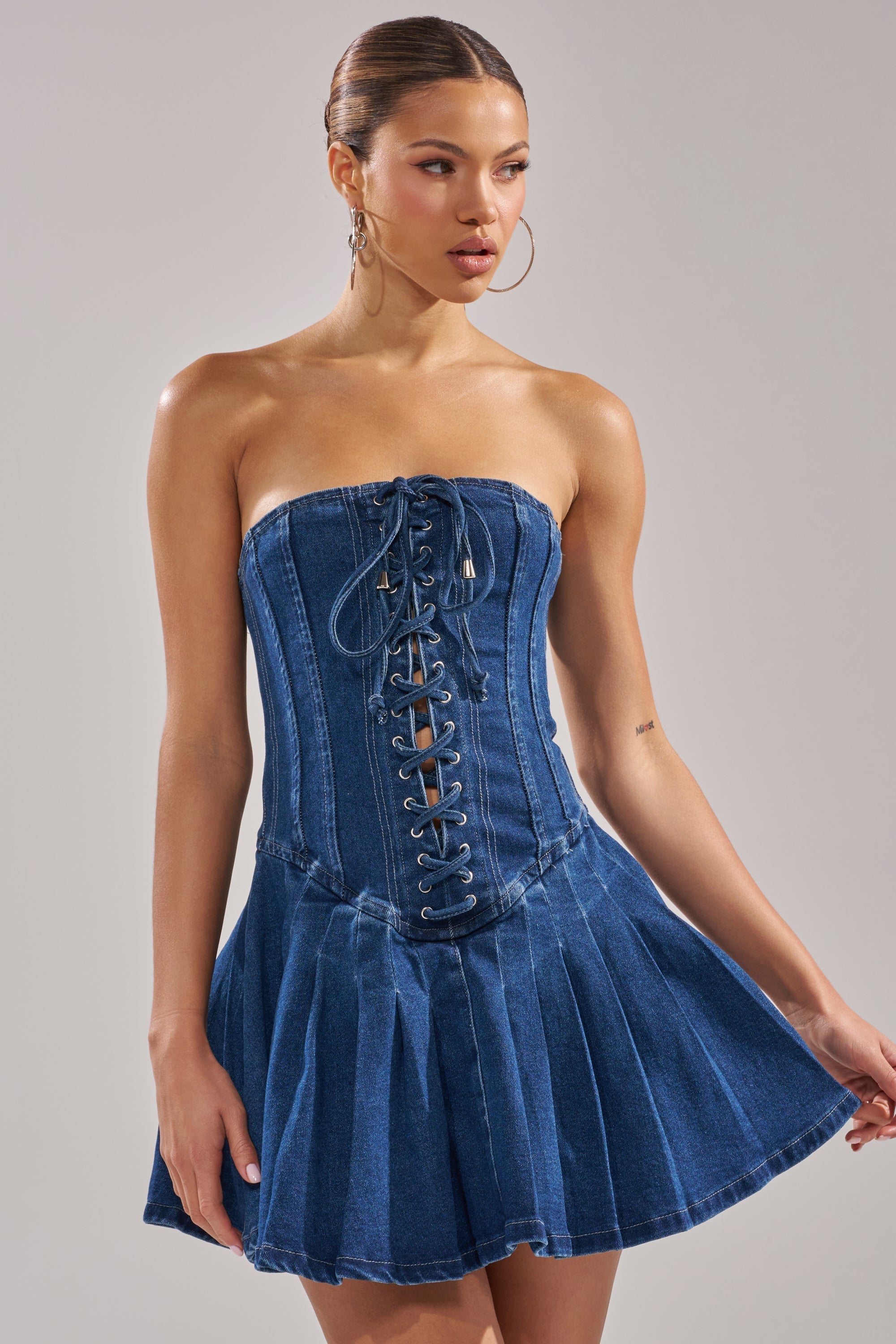 LACE ME UP DENIM MINI DRESS