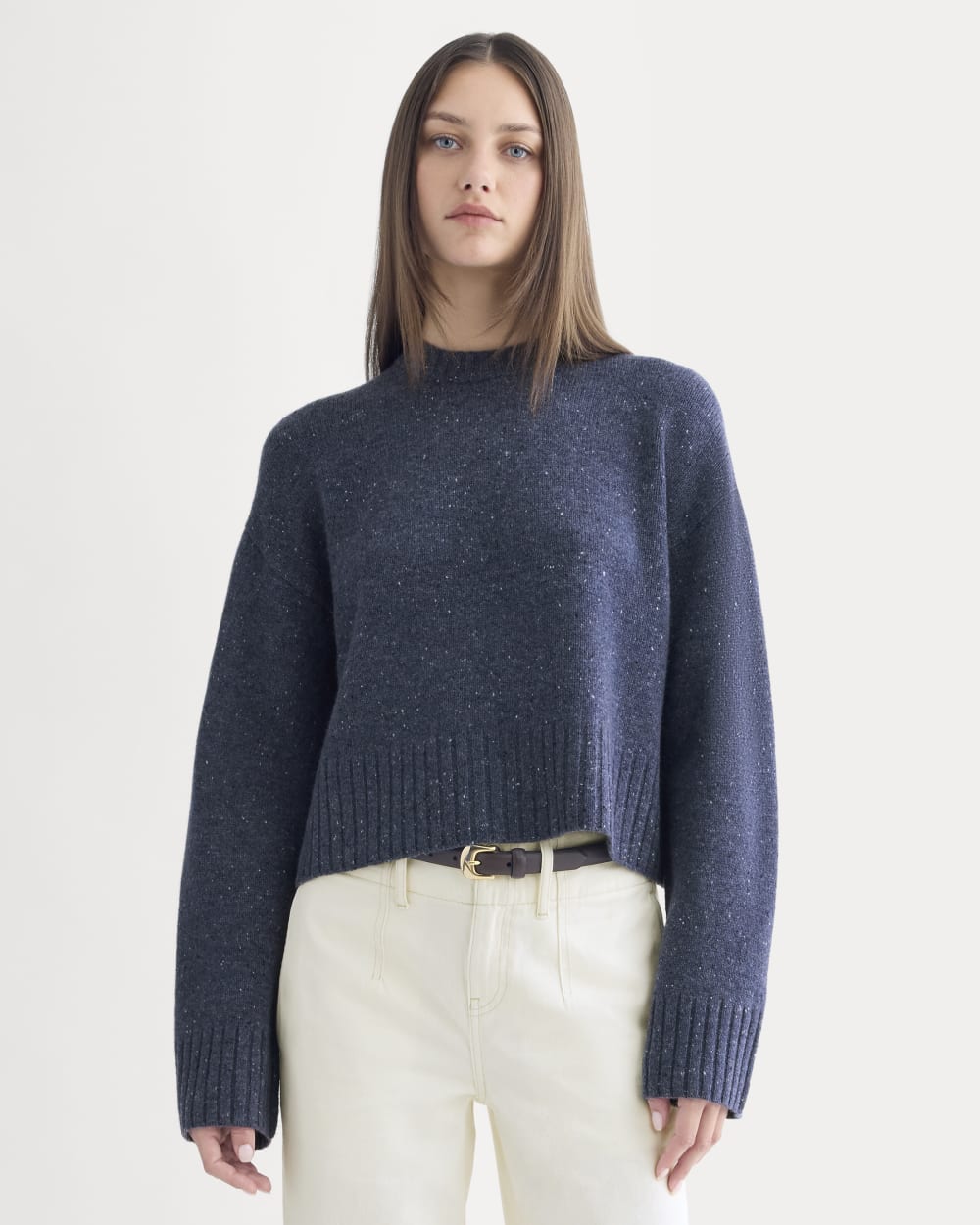 Cropped Boxy Crew in Luxe Merino | Heathered Blue Donegal
