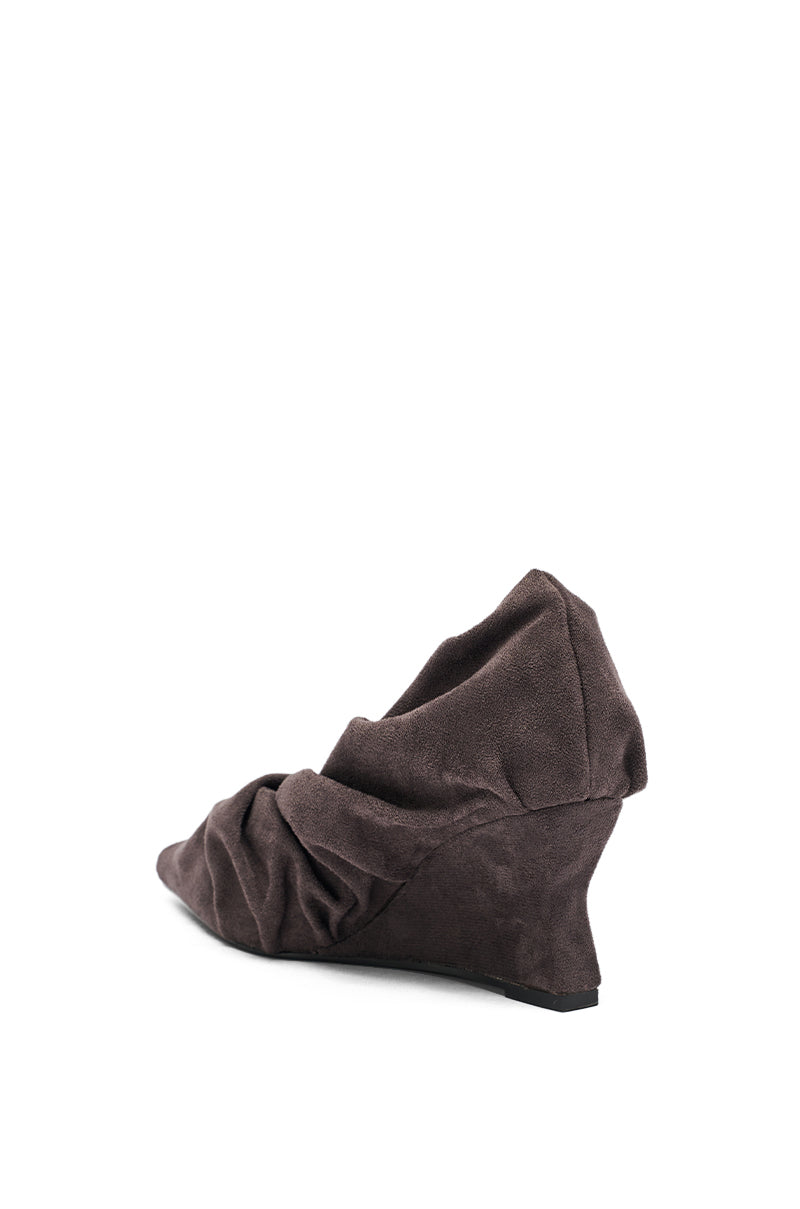 AZALEA WANG AICHA FAUX SUEDE GRAY RUCHED WEDGE PUMP