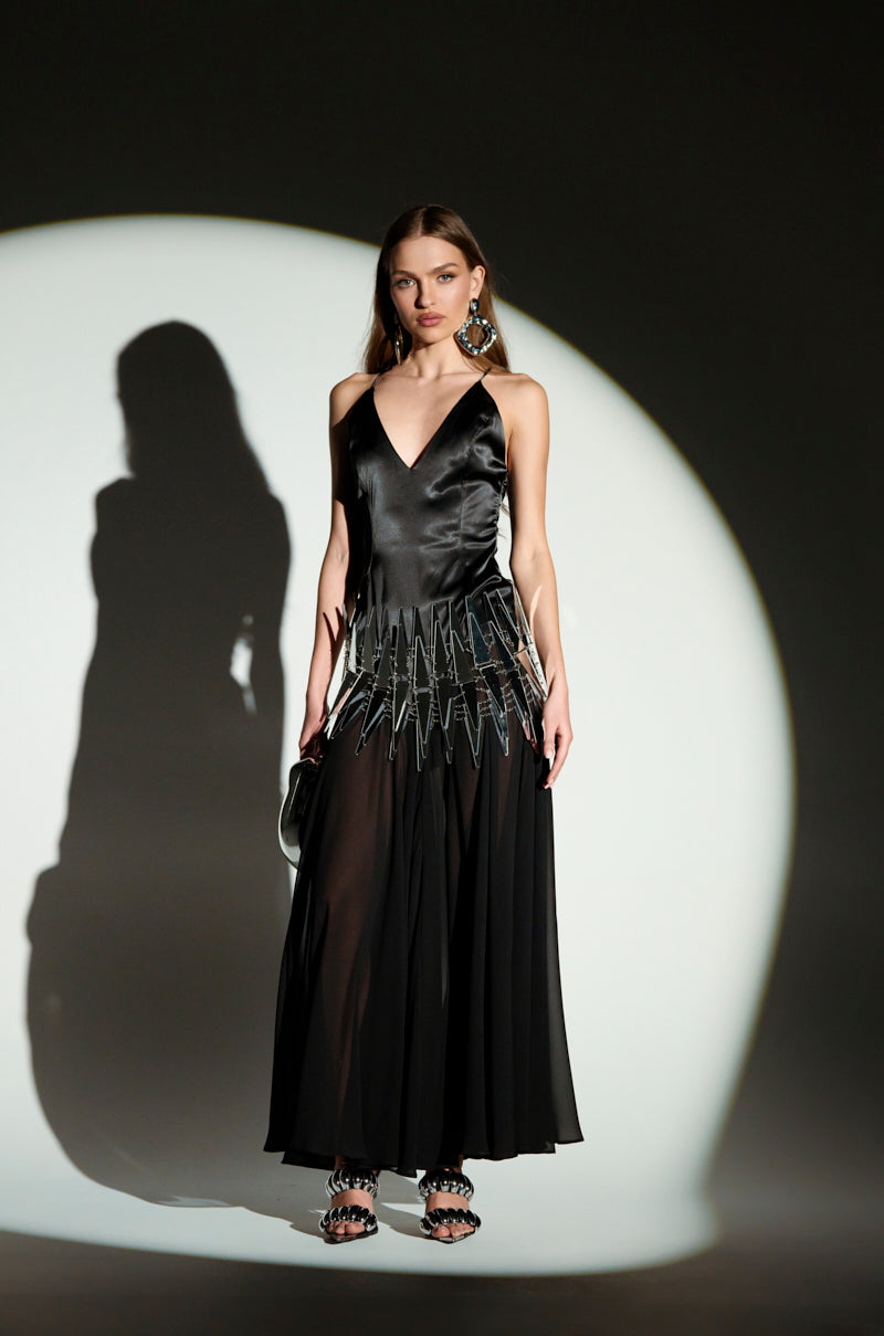 REINA SATIN MESH MAXI DRESS