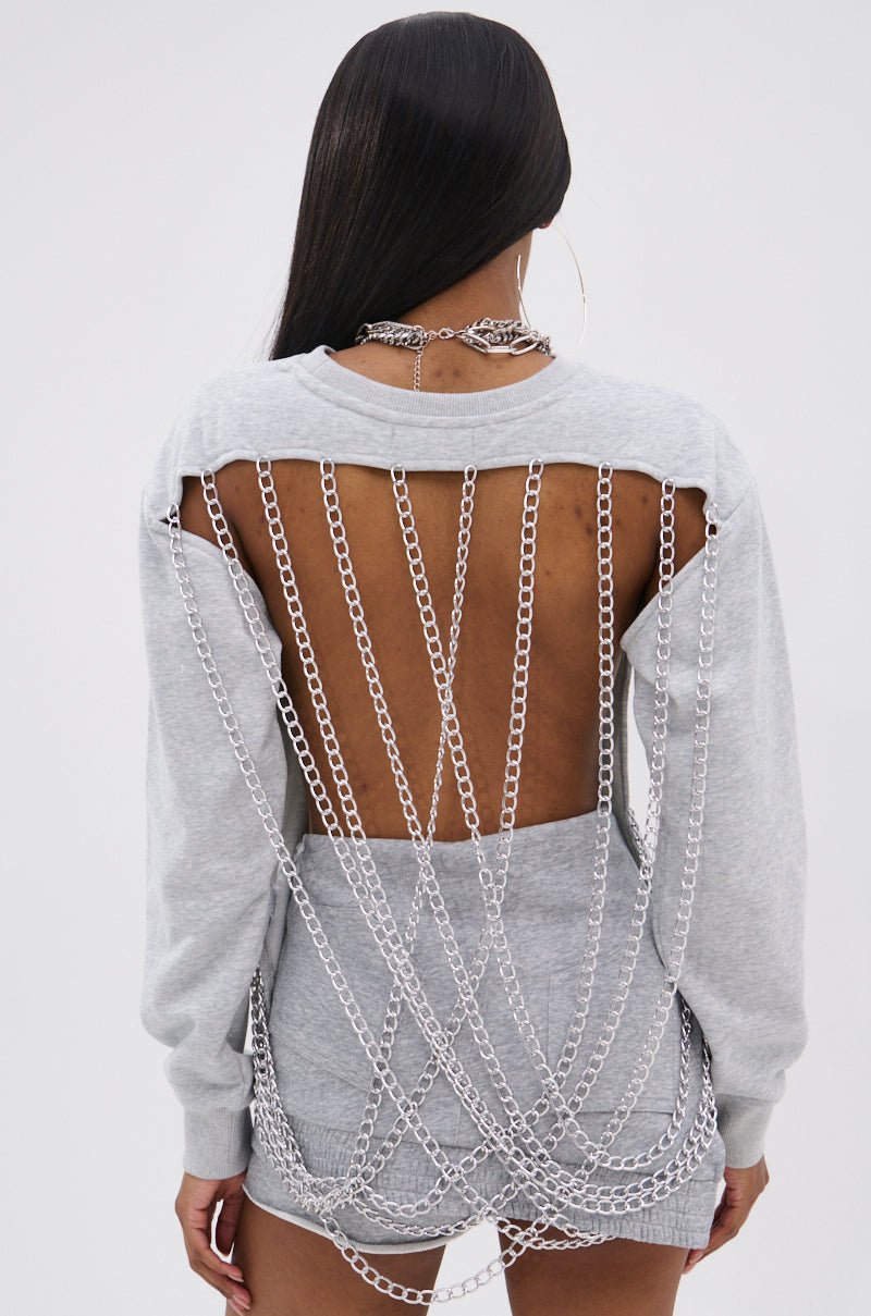 OPEN BACK CHAIN DETAIL SWEATSHIRT IN GREY