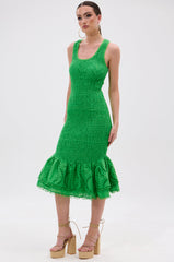 LET'S GO TO THE BEACH RUFFLE MIDI DRESS IN GREEN