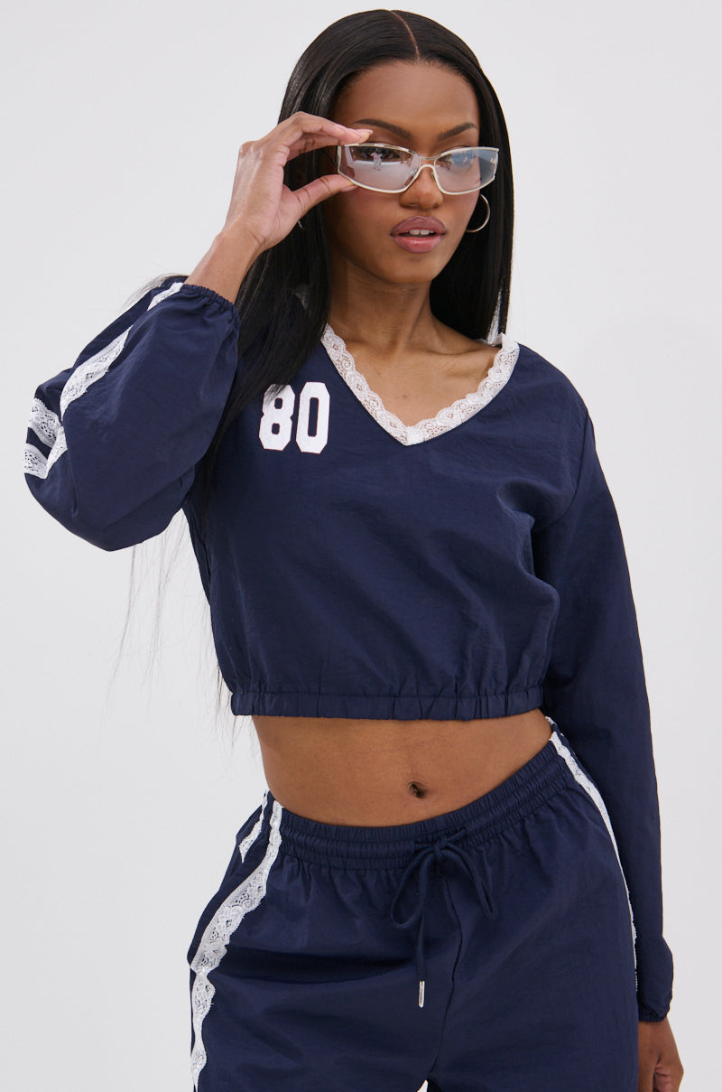 LACE TRIM NYLON CROPPED SWEATSHIRT