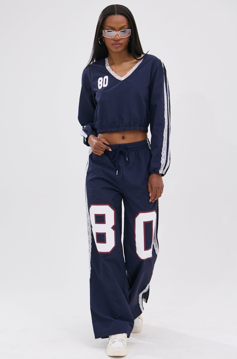 LACE TRIM NYLON CROPPED SWEATSHIRT