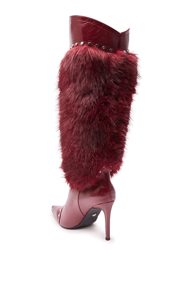 AZALEA WANG ALISETTE BURGUNDY MIXED MATERIAL FUR AND SNAKE STILETTO BOOT