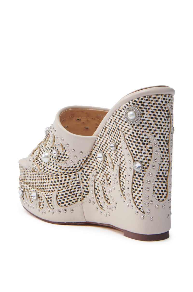AZALEA WANG APPOLONIA BEIGE TWEED EMBELLISHED WEDGE SANDAL