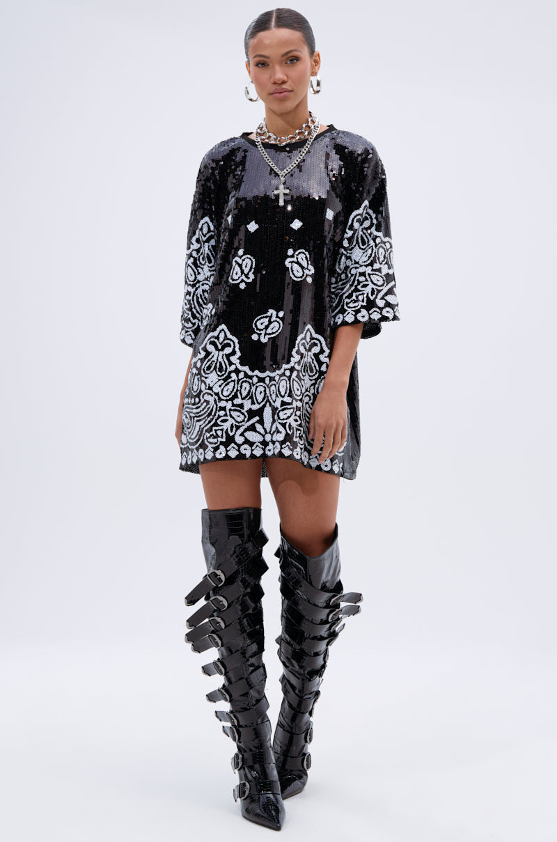 BOUJEE BANDANA SEQUIN MINI DRESS IN BLACK