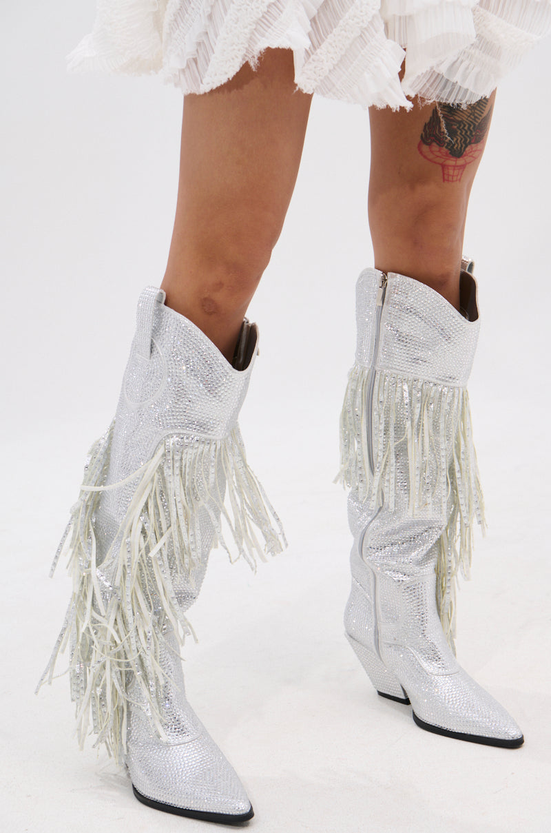 AZALEA WANG BENNETTO SILVER RHINESTONE WESTERN BOOT