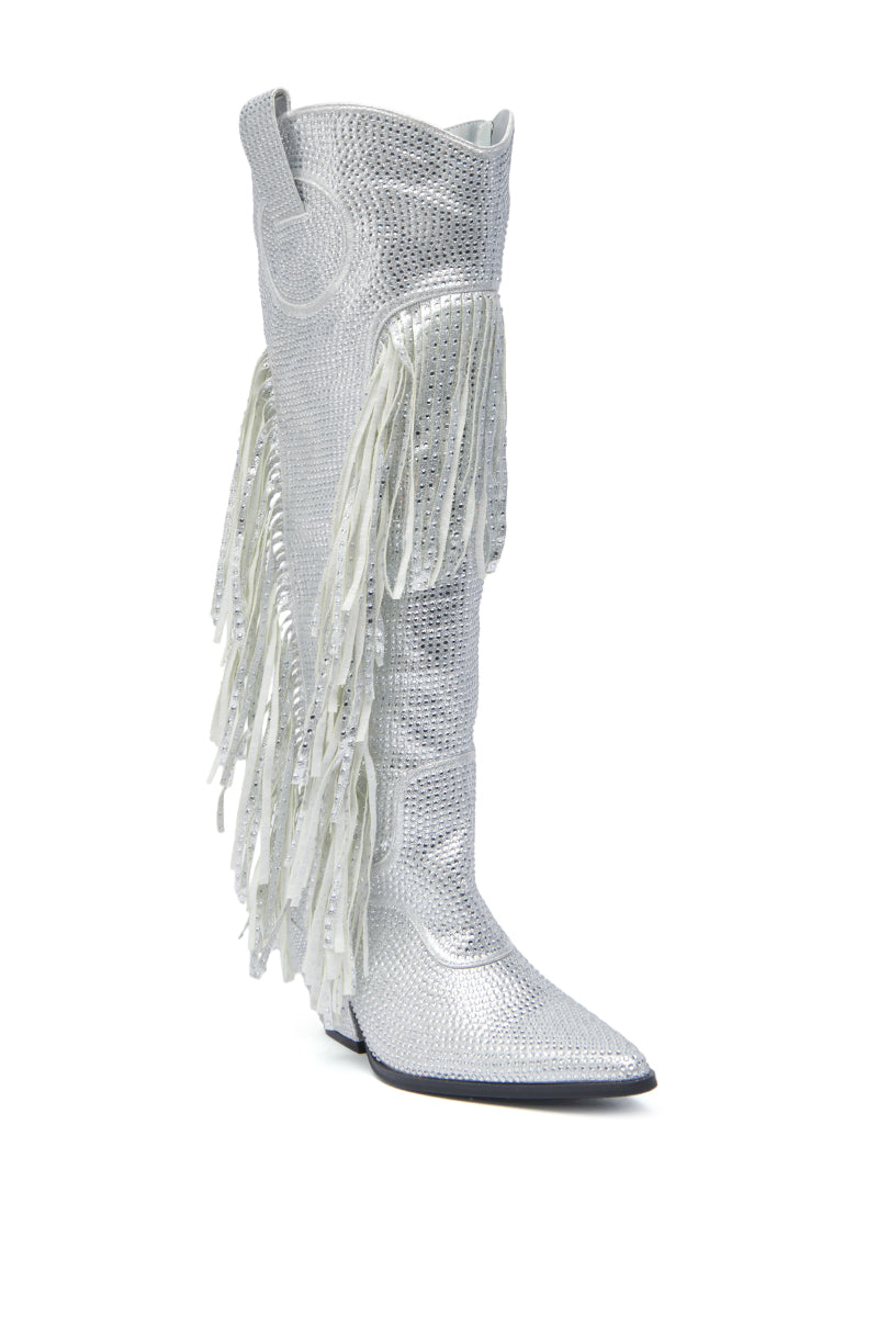 AZALEA WANG BENNETTO SILVER RHINESTONE WESTERN BOOT