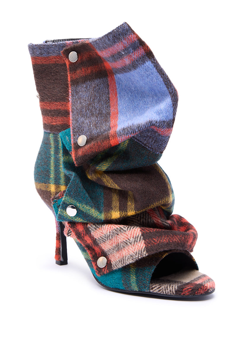 AZALEA WANG BIRD SONG PLAID MULTI OPEN TOE SNAP BOOTIE