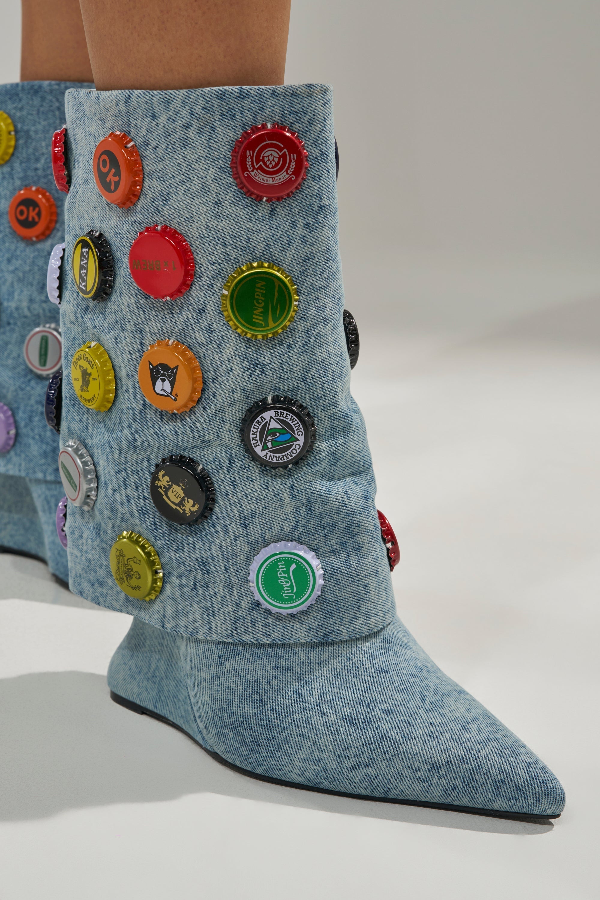 AZALEA WANG EAVEN WEDGE EMBELLISHED DENIM BOOTIE