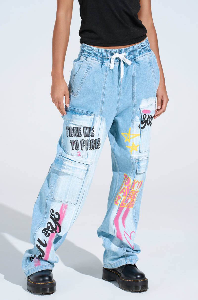 FIRST CLASS TICKET GRAPHIC CARGO RELAXED LEG JEANS