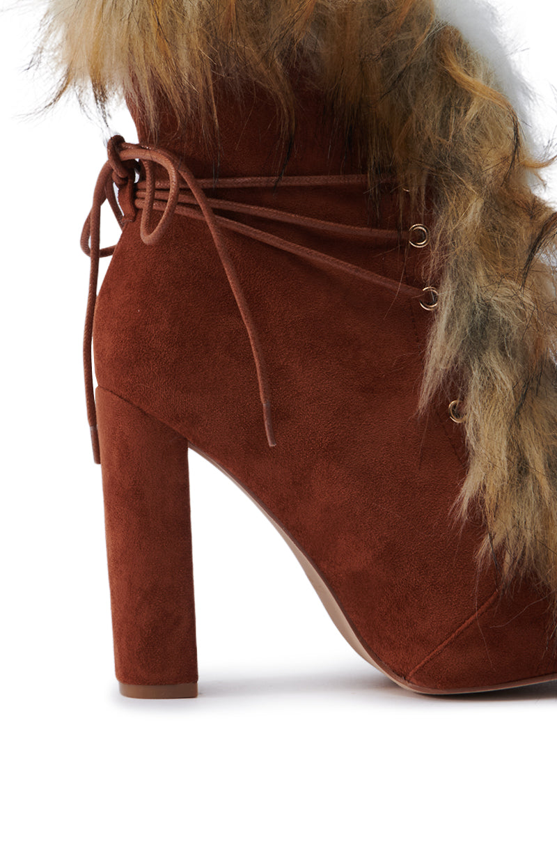 FANCY TAN LACE UP CHUNKY BOOTIE WITH FUR
