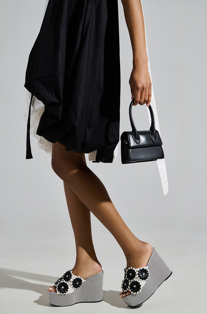 AZALEA WANG FREA WHITE AND BLACK STRIPED FLORAL WEDGE SANDAL