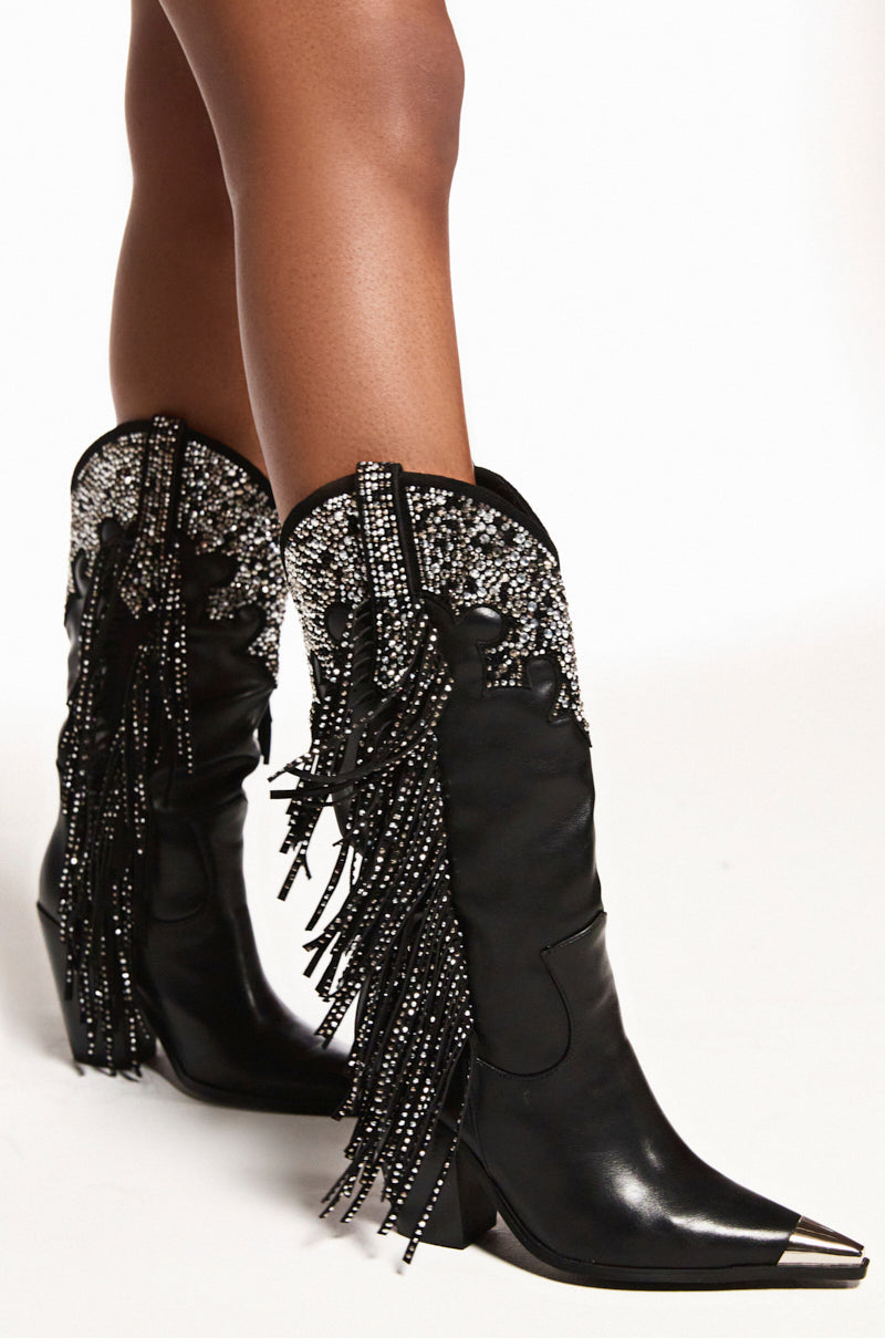 AZALEA WANG FULLER BLACK RHINESTONE EMBELLISHED COWBOY BOOT