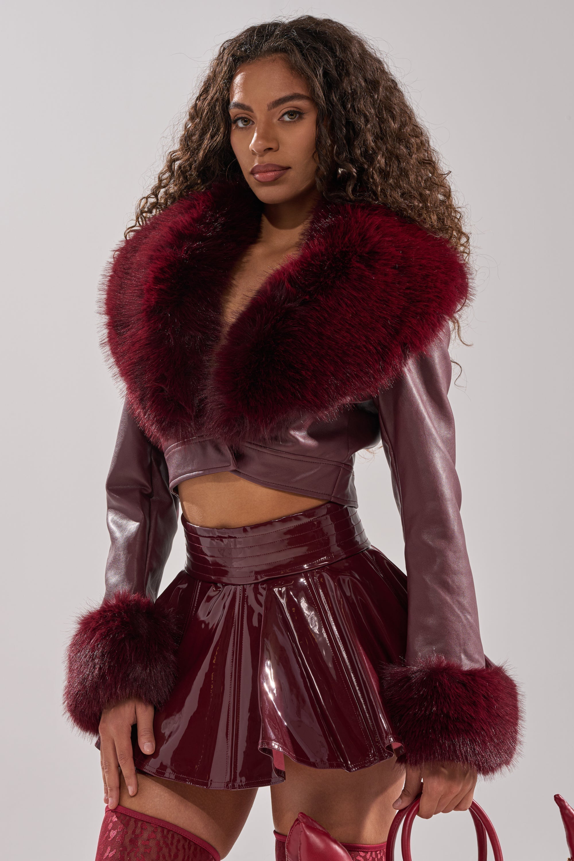 GISELE FUR TRIM MOTO IN BURGUNDY