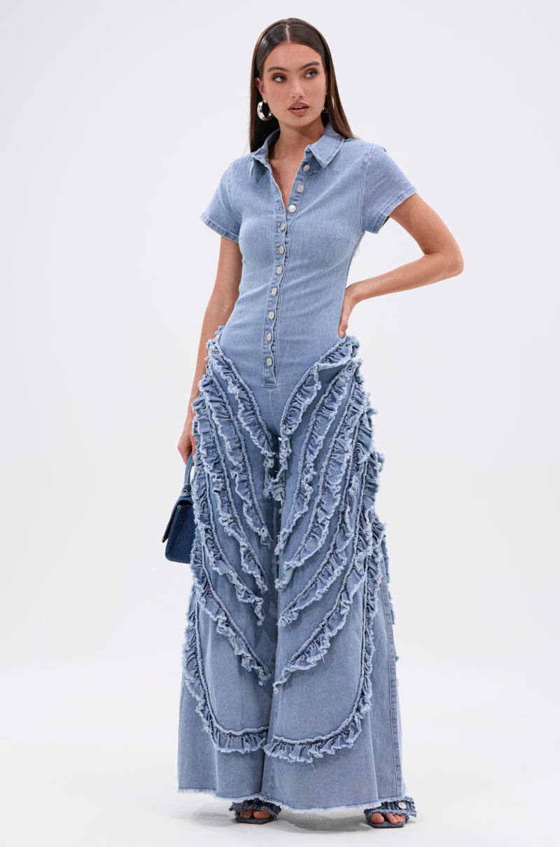 LEAVE IT RUFFLED JUMPSUIT IN DENIM