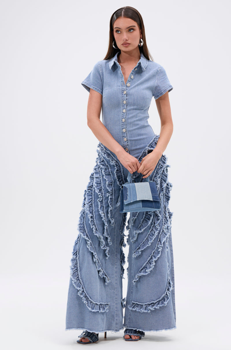 LEAVE IT RUFFLED JUMPSUIT IN DENIM