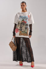 GIRLY BUT NOT LAYERED LACE MIDI DRESS WITH GRAPHIC
