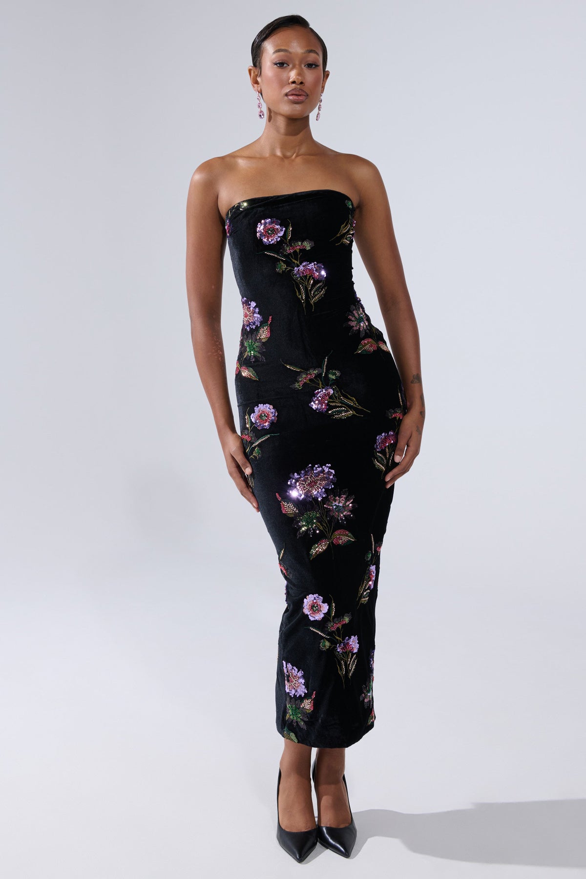 LUNA BEADED FLORAL VELVET MIDI DRESS