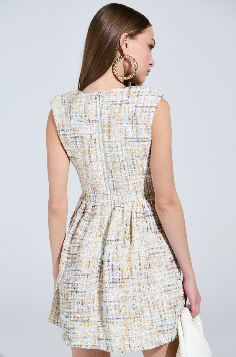 JUST A GIRL TWEED MINI DRESS IN WHITE