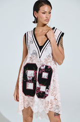 ON THE SIDELINES LACE JERSEY MINI DRESS IN PINK