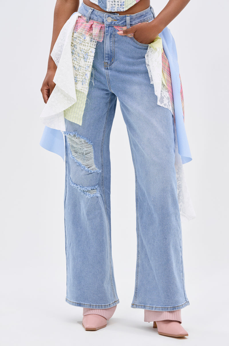 LET THE FUN BEGIN DENIM PANT WITH PLAID DETAILS